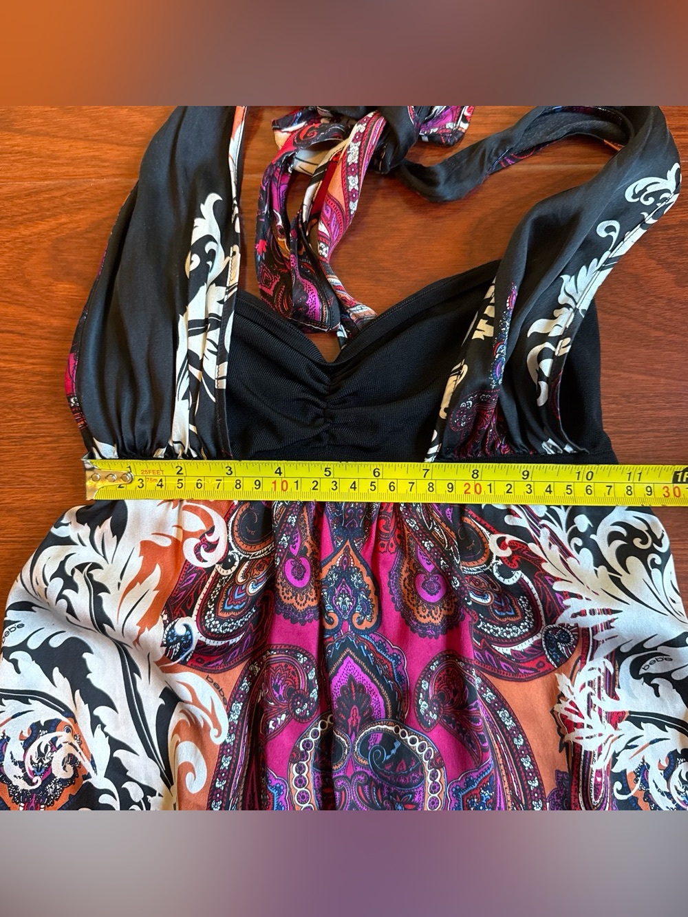 bebe Y2K Silk Paisley Halter Top Small Black Pink Ruched Bust - Picture 5 of 6